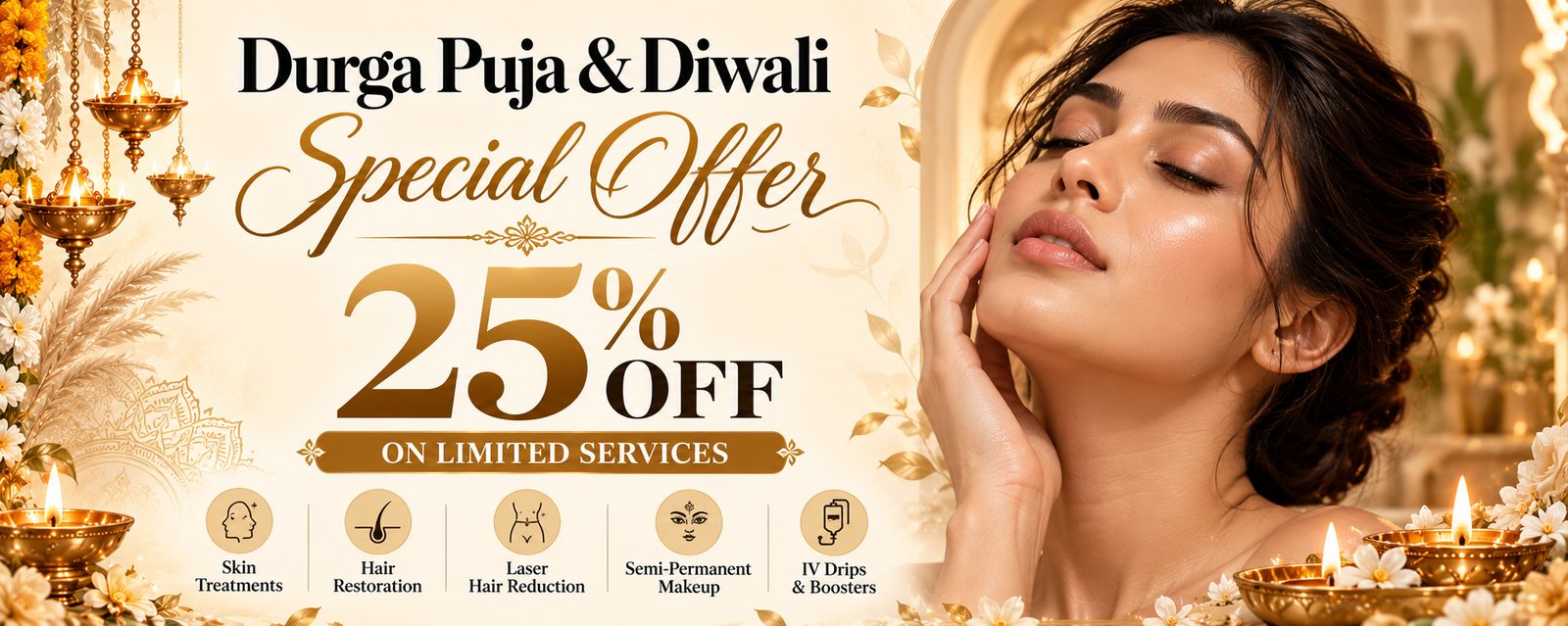 Durga Puja and Diwali Special Offer: 25% off on limited services - skin treatments, hair restoration, laser hair reduction, semi-permanent makeup, IV drips and boosters
